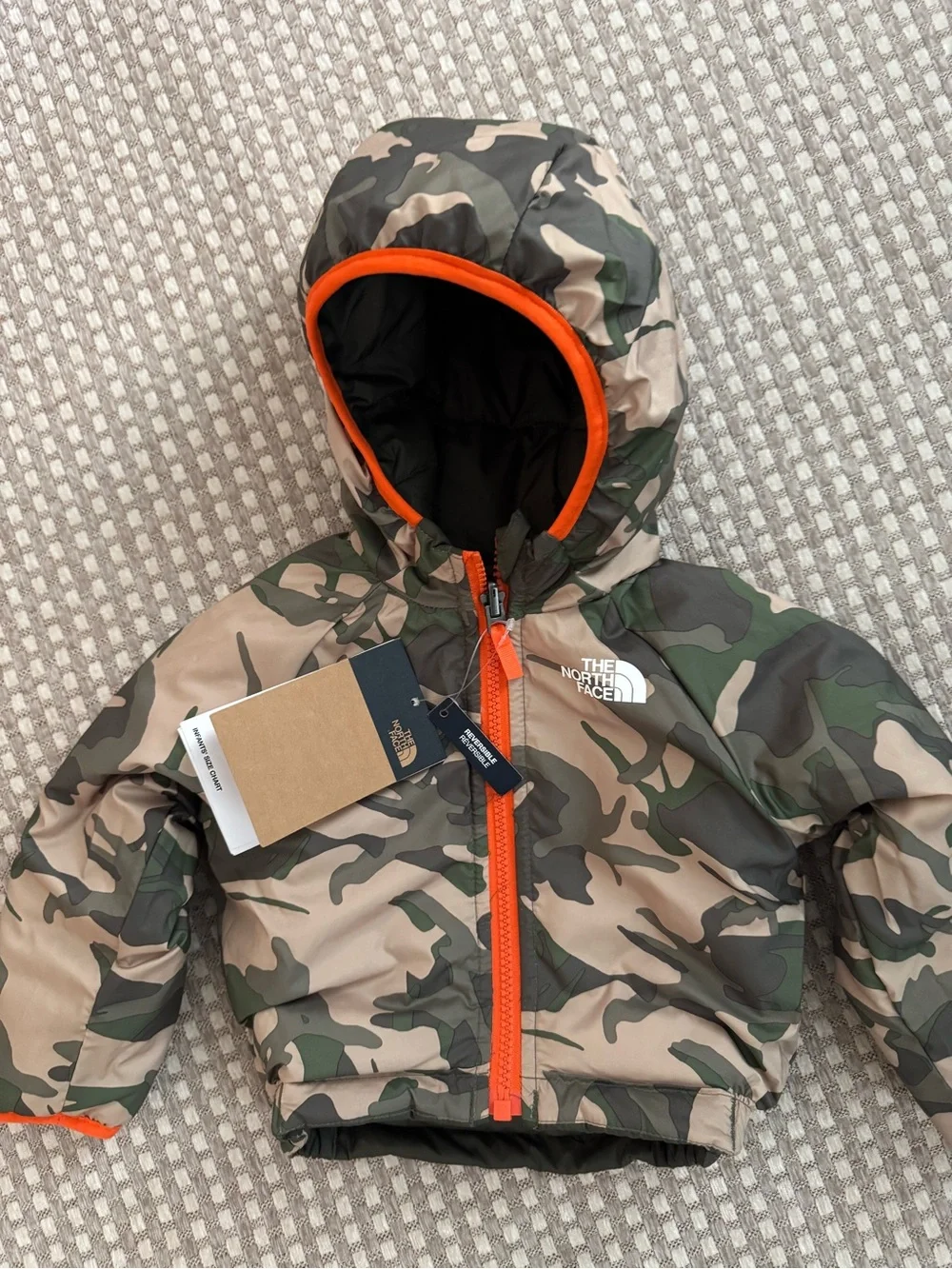 The North Face Olive Green/camo reversible Puffer Jacket with Orange Accents